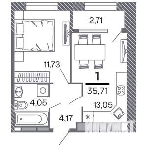 1-к квартира, строящийся дом, 36м2, 24/25 этаж