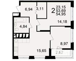 2-к квартира, вторичка, 54м2, 23/25 этаж