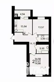 2-к квартира, вторичка, 75м2, 12/16 этаж