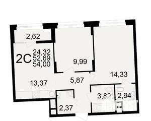 2-к квартира, вторичка, 53м2, 3/25 этаж