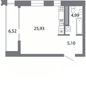 Студия квартира, строящийся дом, 40м2, 3/5 этаж