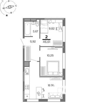 2-к квартира, вторичка, 47м2, 18/25 этаж