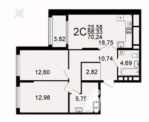 2-к квартира, вторичка, 70м2, 7/26 этаж