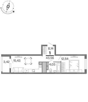 1-к квартира, строящийся дом, 44м2, 11/15 этаж
