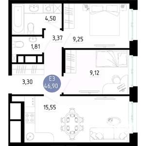 2-к квартира, вторичка, 47м2, 10/14 этаж