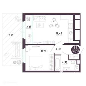 1-к квартира, вторичка, 58м2, 1/19 этаж