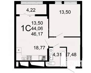 1-к квартира, строящийся дом, 46м2, 5/27 этаж
