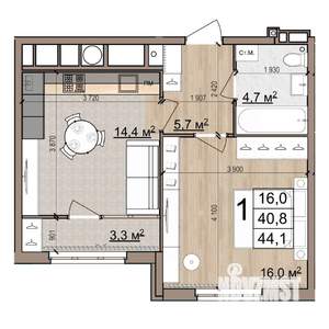 1-к квартира, вторичка, 44м2, 1/25 этаж