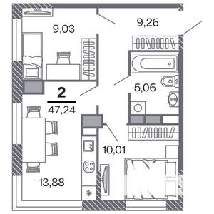 2-к квартира, строящийся дом, 47м2, 15/25 этаж