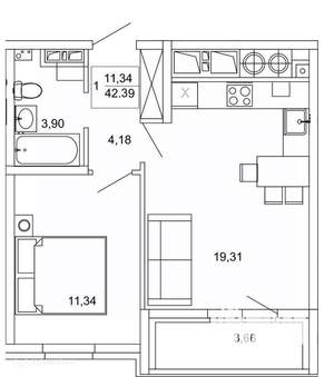1-к квартира, вторичка, 42м2, 7/26 этаж