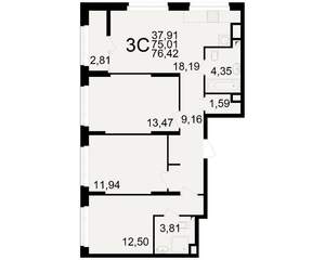 3-к квартира, вторичка, 75м2, 6/25 этаж