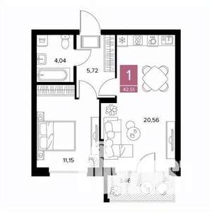 1-к квартира, строящийся дом, 43м2, 7/9 этаж