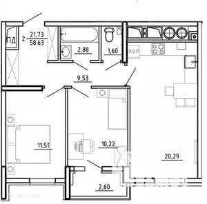 2-к квартира, вторичка, 59м2, 25/26 этаж