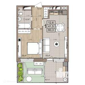 1-к квартира, вторичка, 60м2, 1/9 этаж