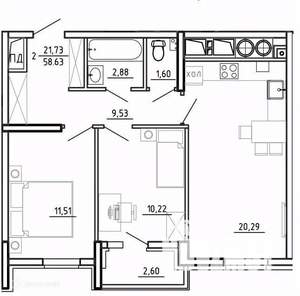 2-к квартира, вторичка, 59м2, 16/26 этаж