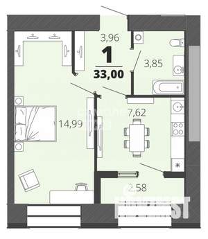 1-к квартира, вторичка, 33м2, 3/15 этаж