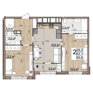 2-к квартира, вторичка, 66м2, 15/25 этаж