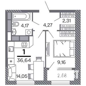 1-к квартира, строящийся дом, 37м2, 13/25 этаж