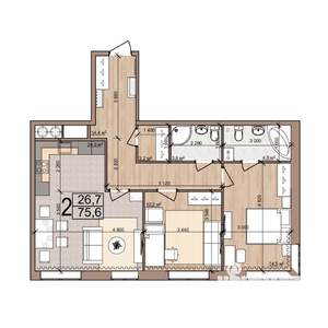 2-к квартира, вторичка, 76м2, 1/25 этаж