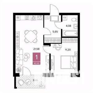 1-к квартира, строящийся дом, 44м2, 7/9 этаж
