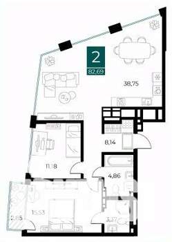 2-к квартира, вторичка, 83м2, 13/13 этаж