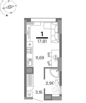 1-к квартира, вторичка, 18м2, 1/25 этаж