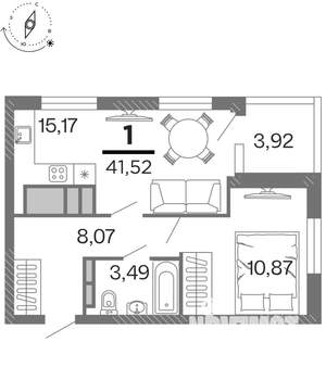 1-к квартира, строящийся дом, 42м2, 13/15 этаж