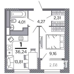 1-к квартира, строящийся дом, 36м2, 24/25 этаж