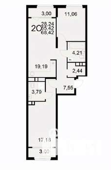 2-к квартира, вторичка, 68м2, 4/22 этаж