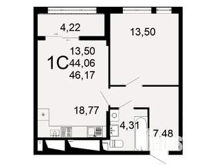1-к квартира, вторичка, 44м2, 3/26 этаж