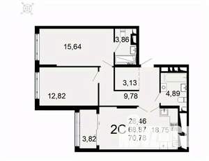 2-к квартира, вторичка, 71м2, 24/26 этаж