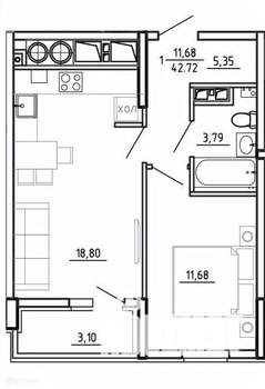 1-к квартира, вторичка, 43м2, 15/26 этаж