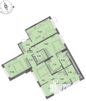 3-к квартира, вторичка, 107м2, 19/22 этаж