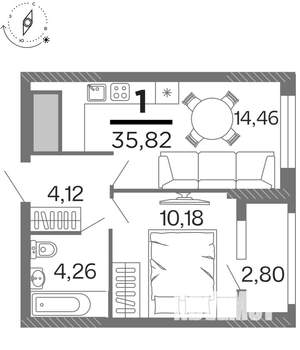 1-к квартира, строящийся дом, 36м2, 2/15 этаж