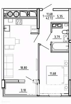 1-к квартира, вторичка, 43м2, 14/26 этаж