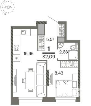 1-к квартира, вторичка, 32м2, 5/26 этаж