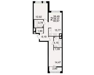2-к квартира, вторичка, 59м2, 10/25 этаж