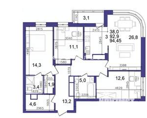 3-к квартира, вторичка, 93м2, 6/27 этаж