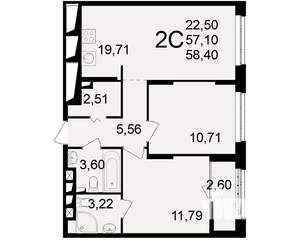 2-к квартира, вторичка, 57м2, 13/25 этаж