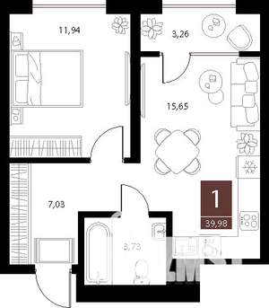 1-к квартира, вторичка, 40м2, 9/15 этаж