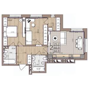 2-к квартира, строящийся дом, 67м2, 2/8 этаж