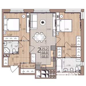 2-к квартира, строящийся дом, 69м2, 4/8 этаж