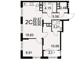 2-к квартира, вторичка, 56м2, 10/22 этаж