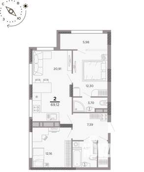 2-к квартира, вторичка, 69м2, 24/25 этаж