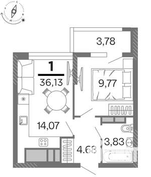 1-к квартира, строящийся дом, 36м2, 13/15 этаж
