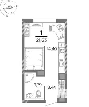 1-к квартира, вторичка, 22м2, 4/25 этаж