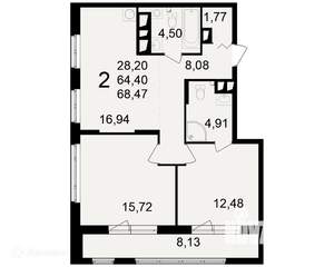 2-к квартира, вторичка, 68м2, 16/24 этаж