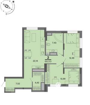 2-к квартира, вторичка, 68м2, 12/22 этаж