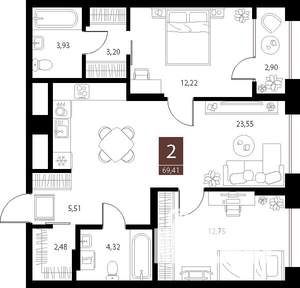 2-к квартира, вторичка, 69м2, 13/15 этаж