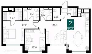 2-к квартира, вторичка, 85м2, 10/14 этаж